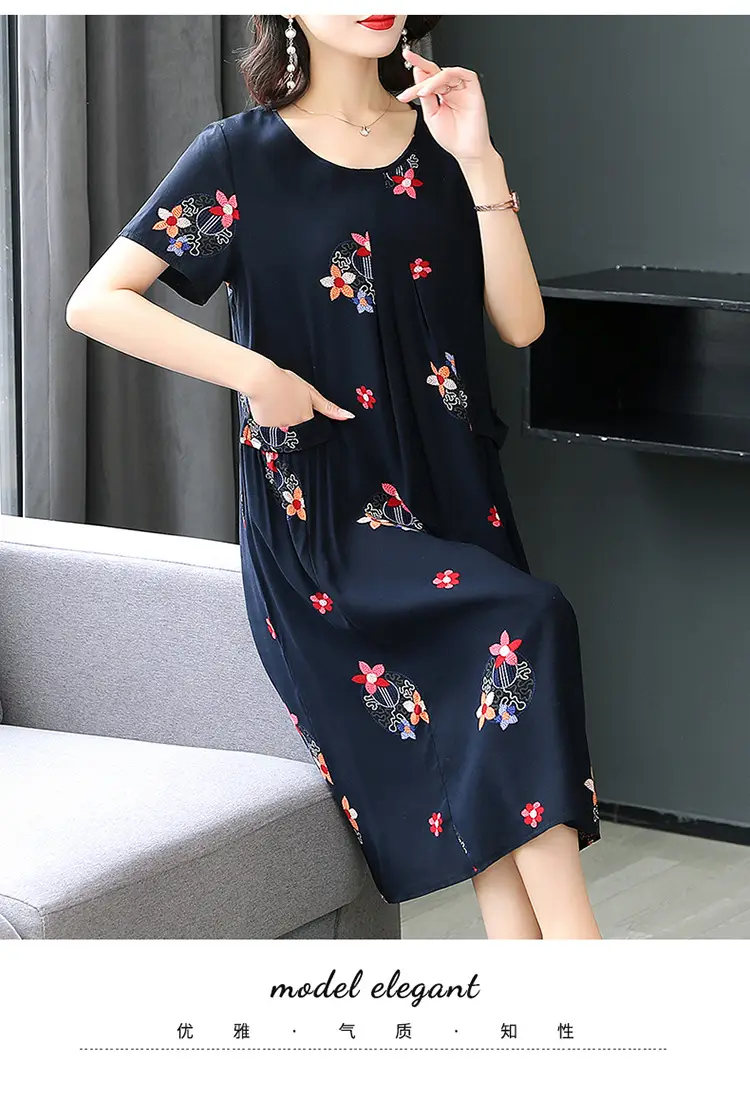 Plus Size Floral Cotton Silk Mid Length Dress 150kg — feature 37