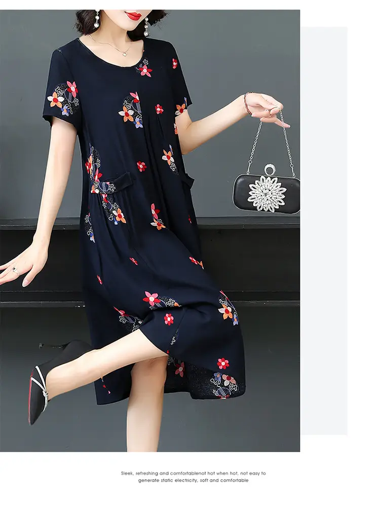 Plus Size Floral Cotton Silk Mid Length Dress 150kg — feature 38