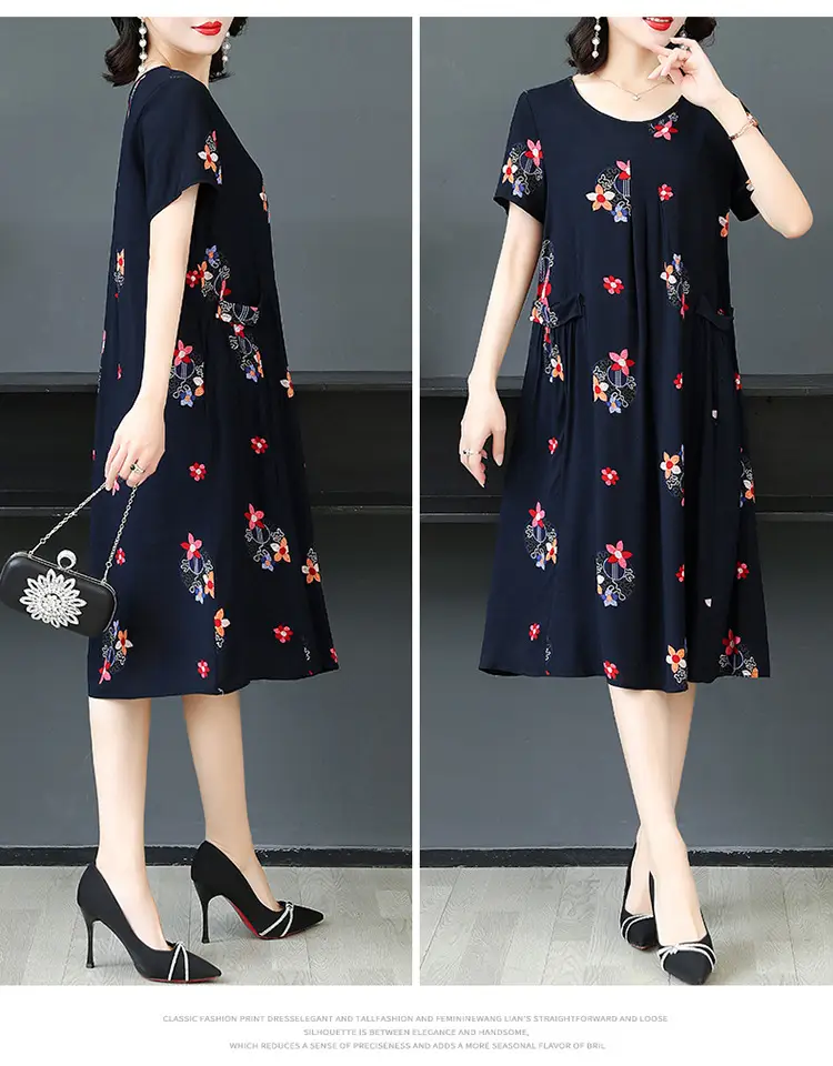 Plus Size Floral Cotton Silk Mid Length Dress 150kg — feature 39