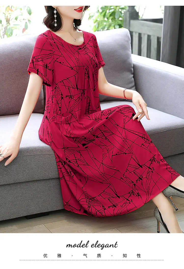 Plus Size Floral Cotton Silk Mid Length Dress 150kg — feature 40