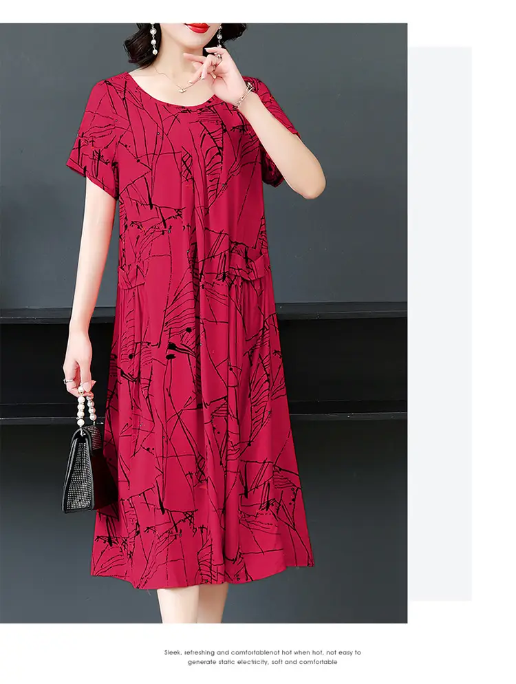 Plus Size Floral Cotton Silk Mid Length Dress 150kg — feature 41