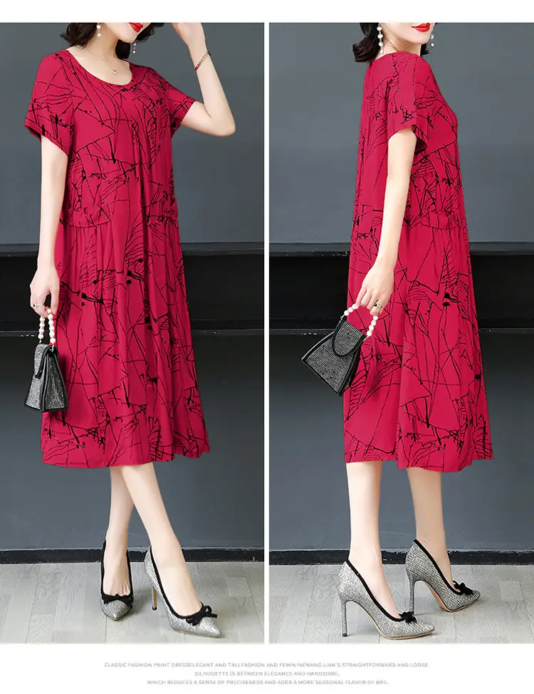 Plus Size Floral Cotton Silk Mid Length Dress 150kg — feature 42