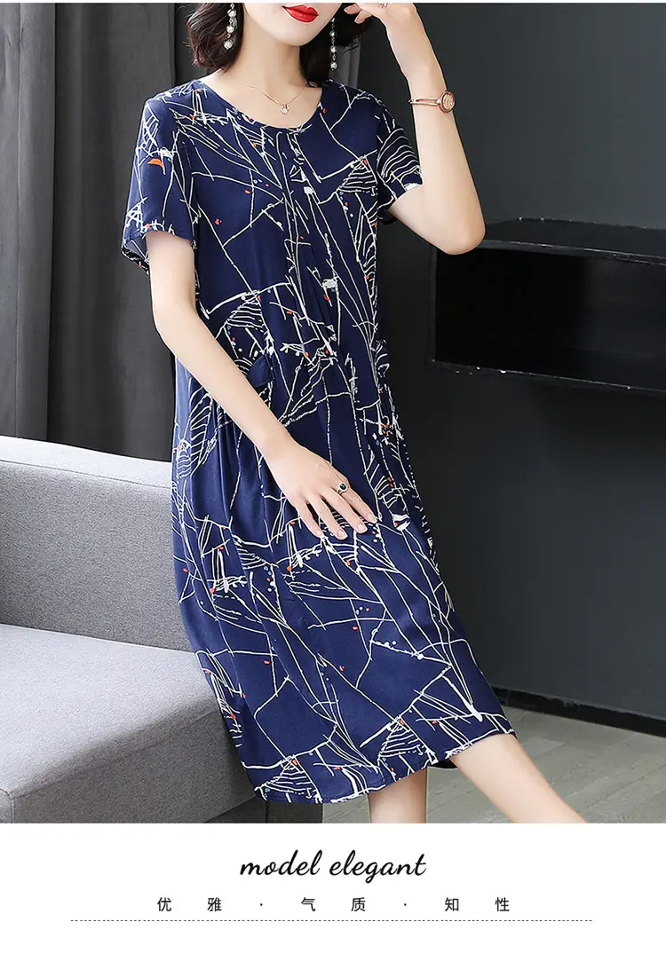 Plus Size Floral Cotton Silk Mid Length Dress 150kg — feature 43