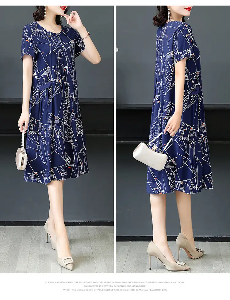 Plus Size Floral Cotton Silk Mid Length Dress 150kg — feature 45