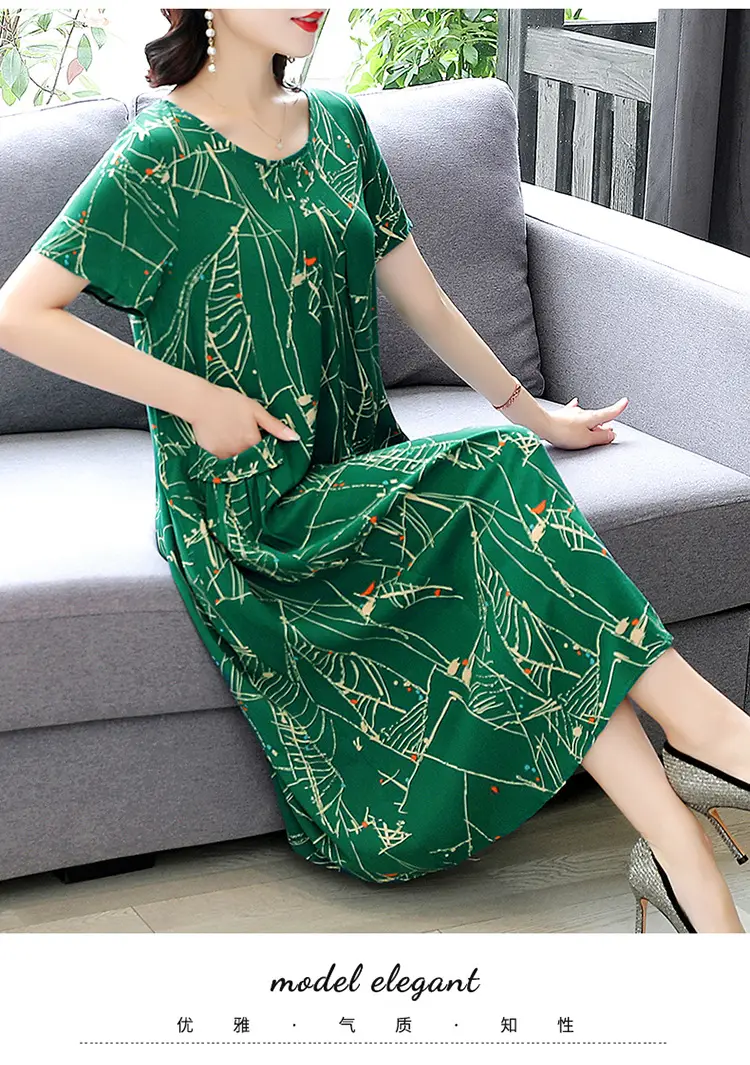 Plus Size Floral Cotton Silk Mid Length Dress 150kg — feature 46