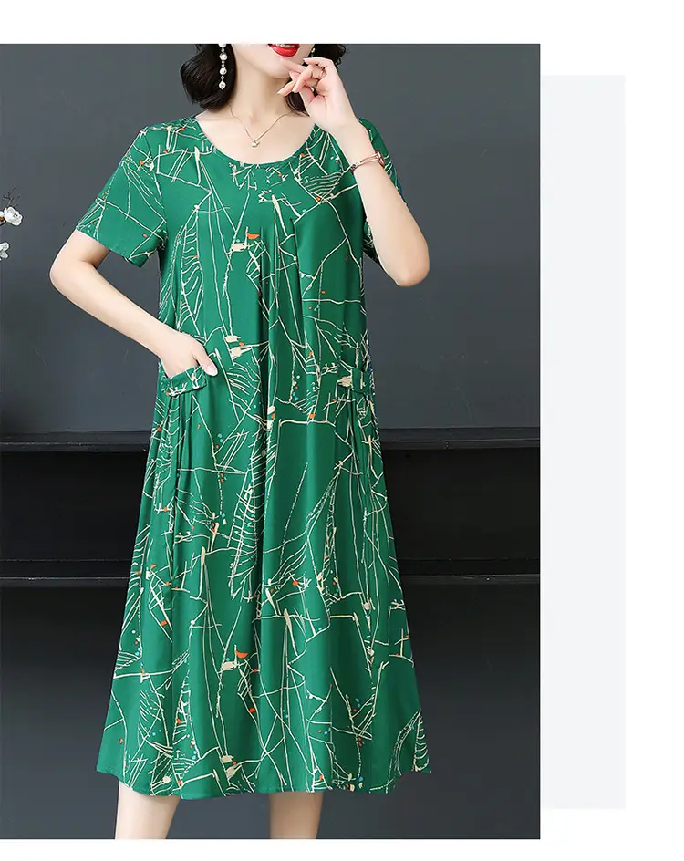 Plus Size Floral Cotton Silk Mid Length Dress 150kg — feature 47