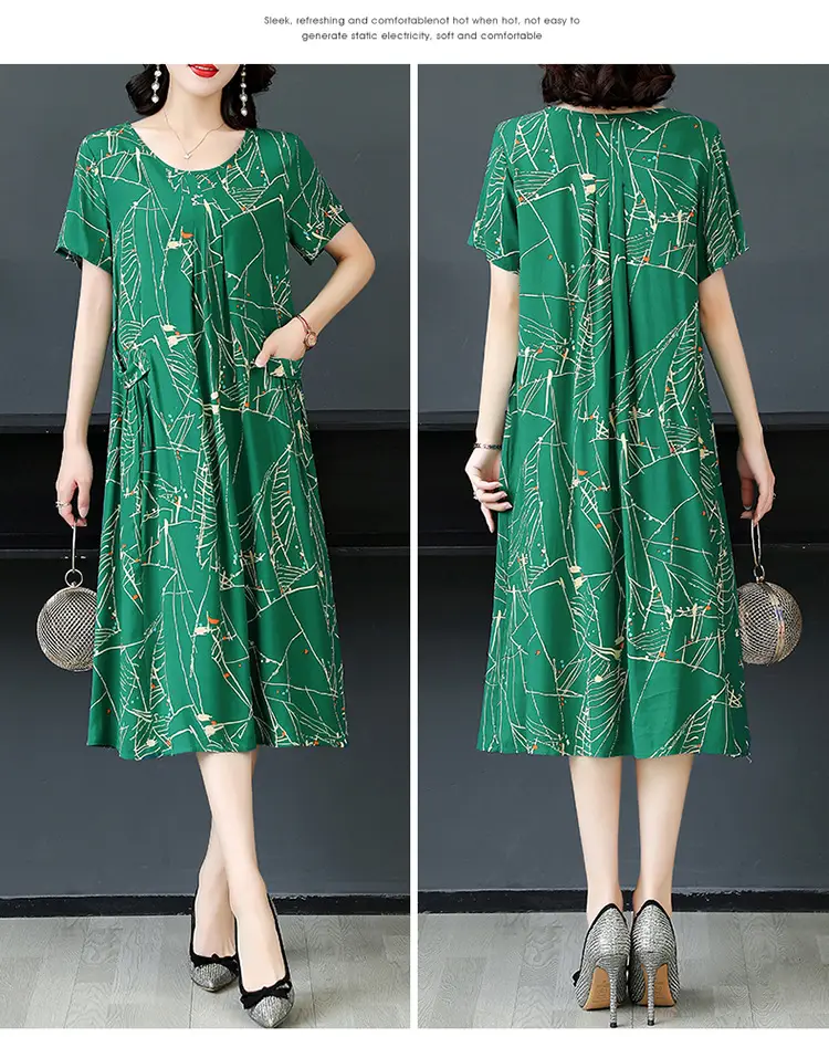 Plus Size Floral Cotton Silk Mid Length Dress 150kg — feature 48