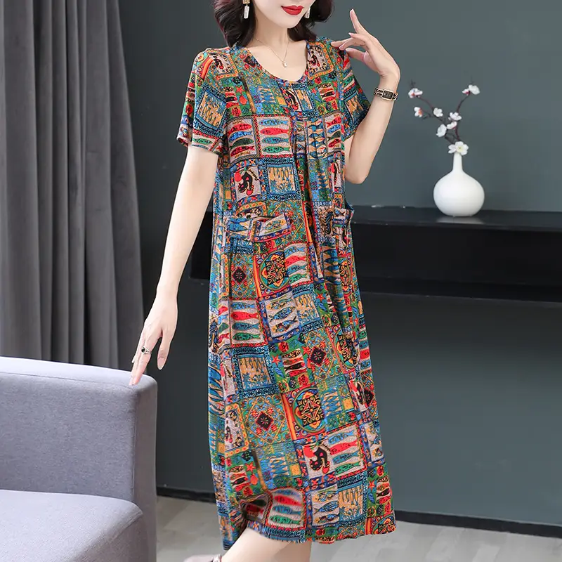 Plus Size Floral Cotton Silk Mid Length Dress 150kg