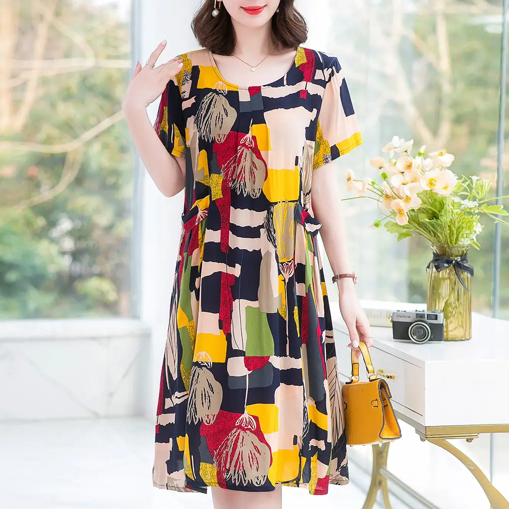 Plus Size Floral Cotton Silk Mid Length Dress 150kg
