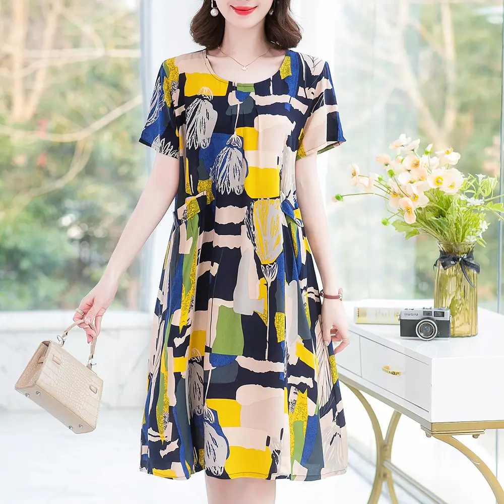 Plus Size Floral Cotton Silk Mid Length Dress 150kg