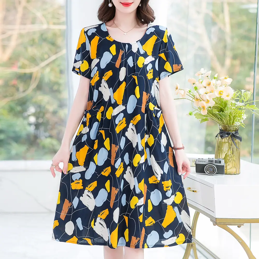 Plus Size Floral Cotton Silk Mid Length Dress 150kg
