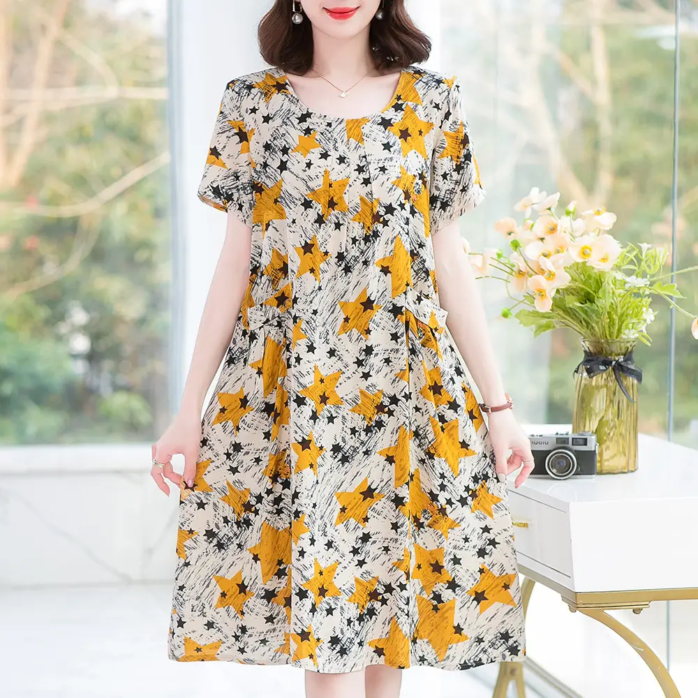 Plus Size Floral Cotton Silk Mid Length Dress 150kg