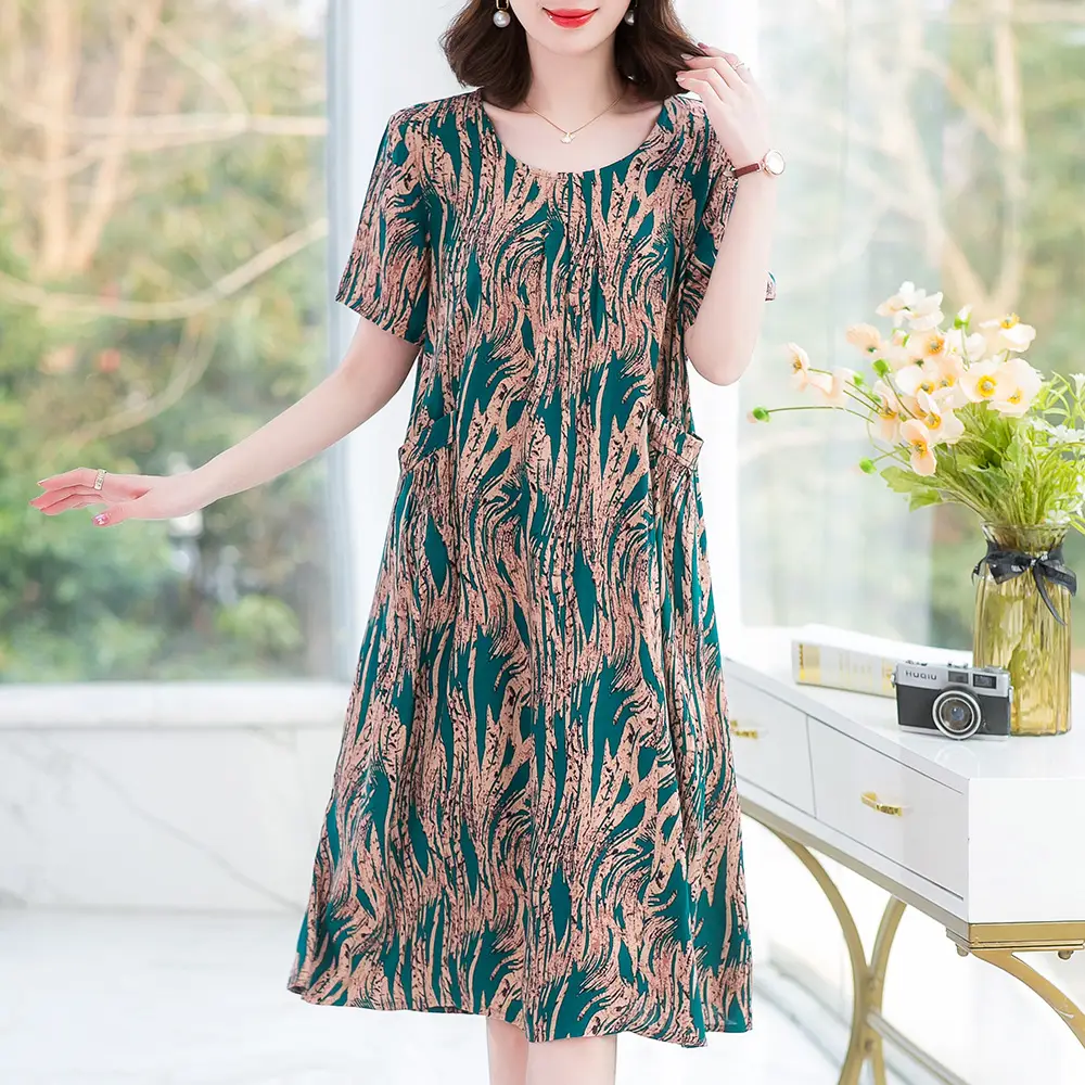 Plus Size Floral Cotton Silk Mid Length Dress 150kg