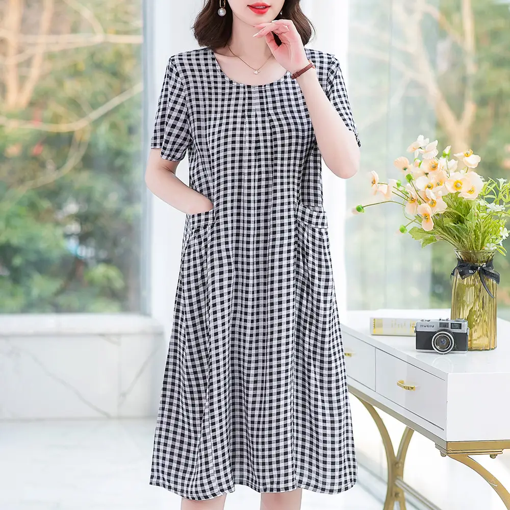 Plus Size Floral Cotton Silk Mid Length Dress 150kg