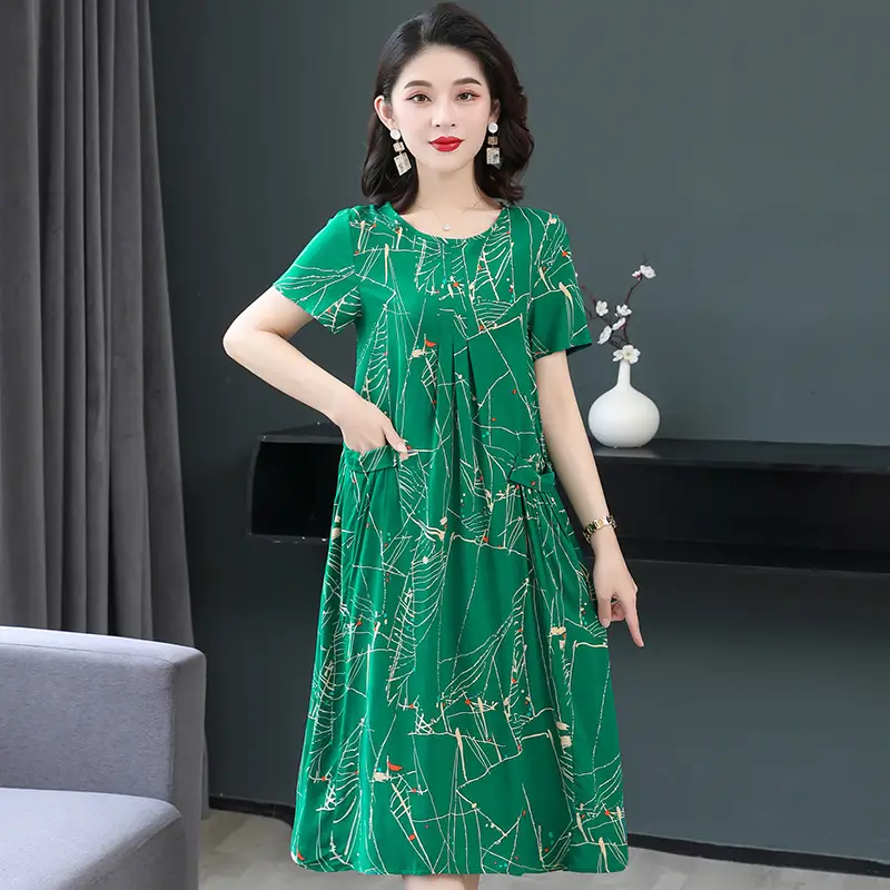 Plus Size Floral Cotton Silk Mid Length Dress 150kg