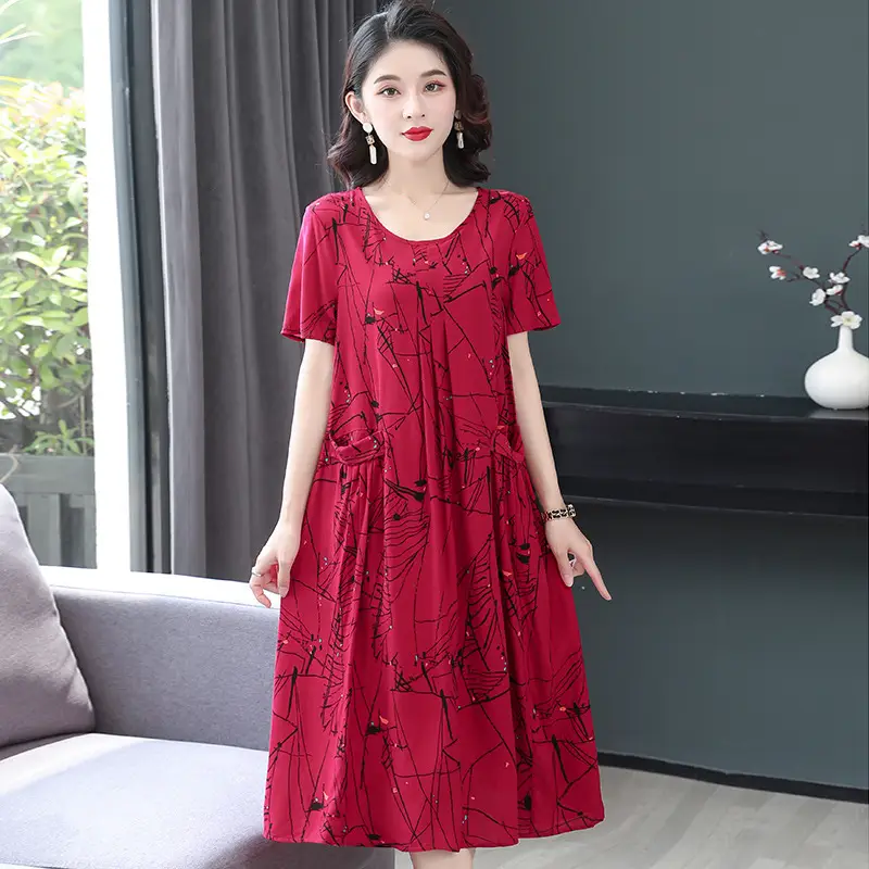 Plus Size Floral Cotton Silk Mid Length Dress 150kg