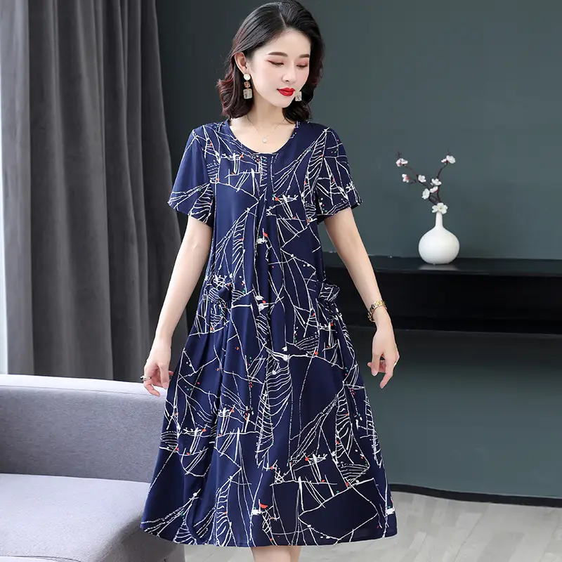 Plus Size Floral Cotton Silk Mid Length Dress 150kg