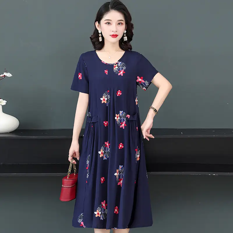 Plus Size Floral Cotton Silk Mid Length Dress 150kg