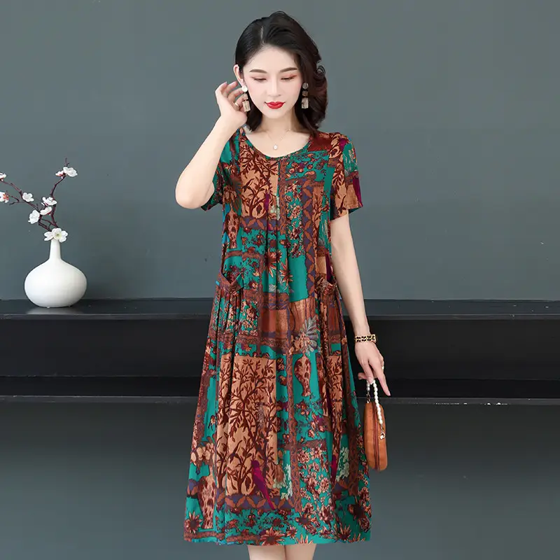Plus Size Floral Cotton Silk Mid Length Dress 150kg