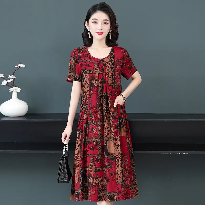 Plus Size Floral Cotton Silk Mid Length Dress 150kg