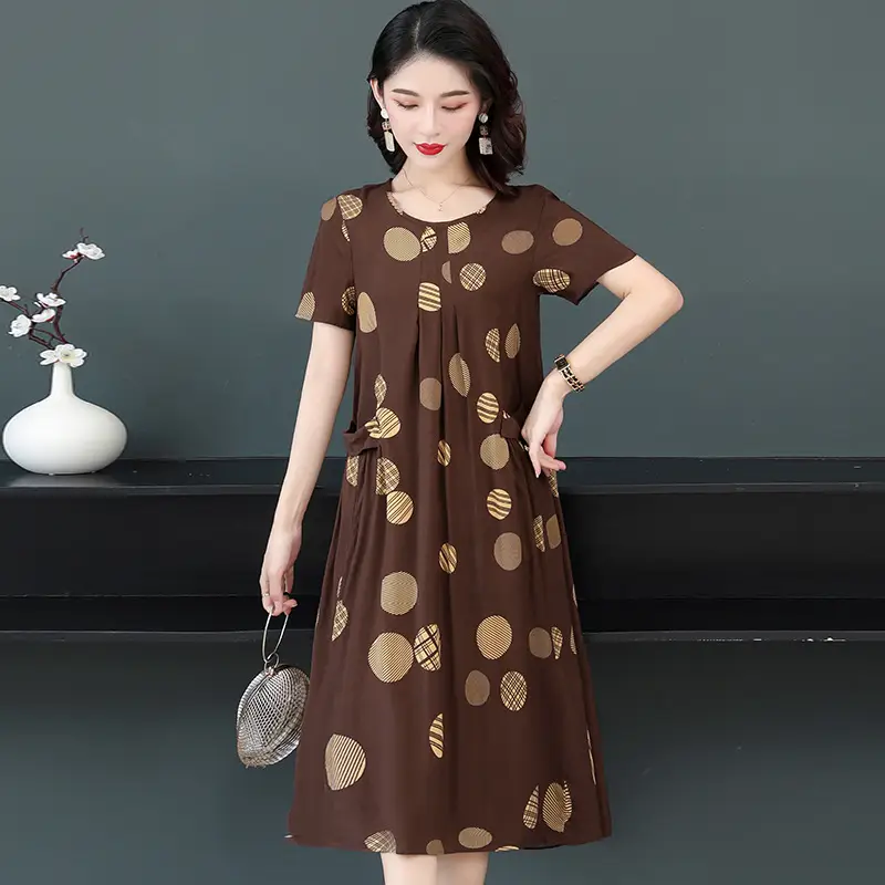 Plus Size Floral Cotton Silk Mid Length Dress 150kg