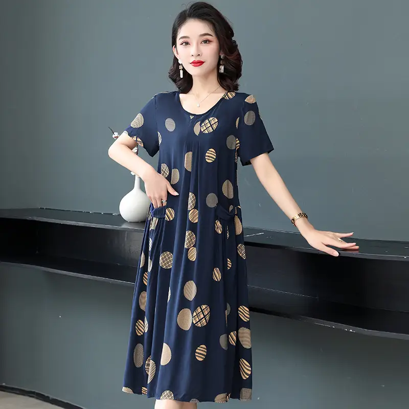 Plus Size Floral Cotton Silk Mid Length Dress 150kg