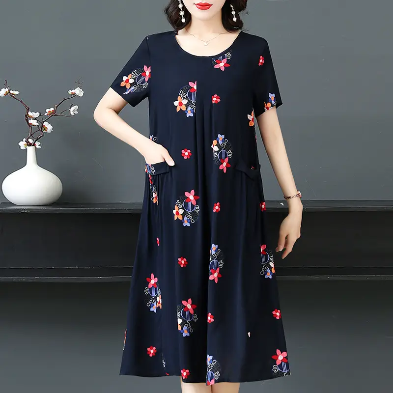 Plus Size Floral Cotton Silk Mid Length Dress 150kg