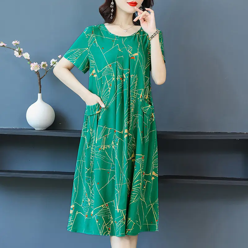 Plus Size Floral Cotton Silk Mid Length Dress 150kg