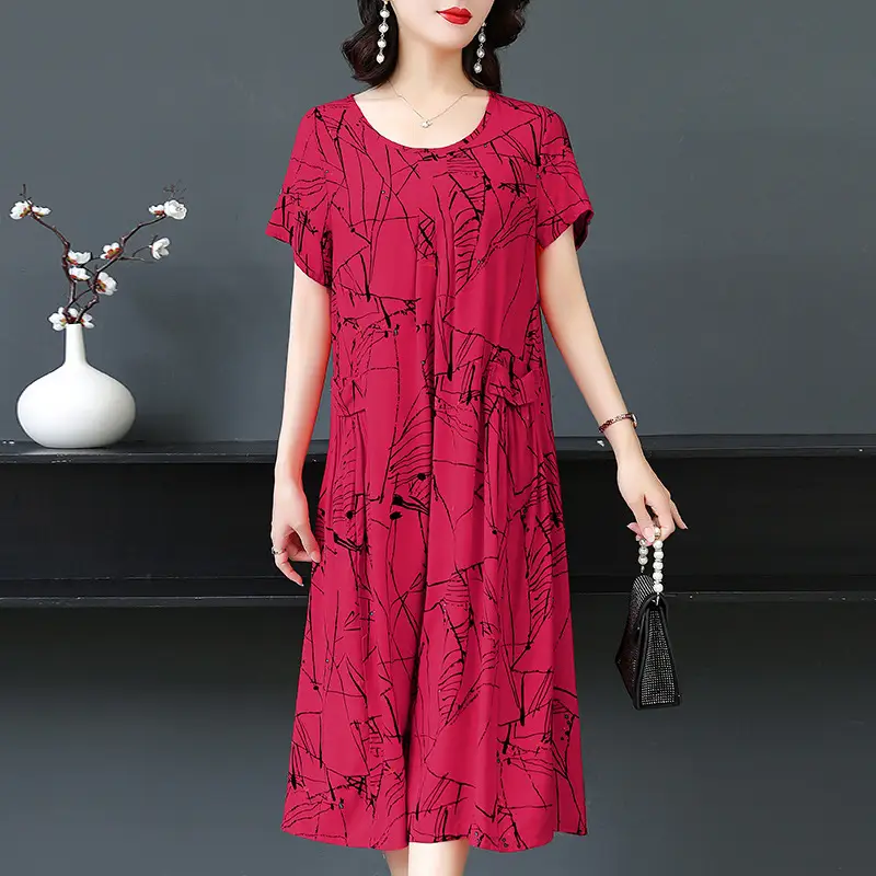 Plus Size Floral Cotton Silk Mid Length Dress 150kg