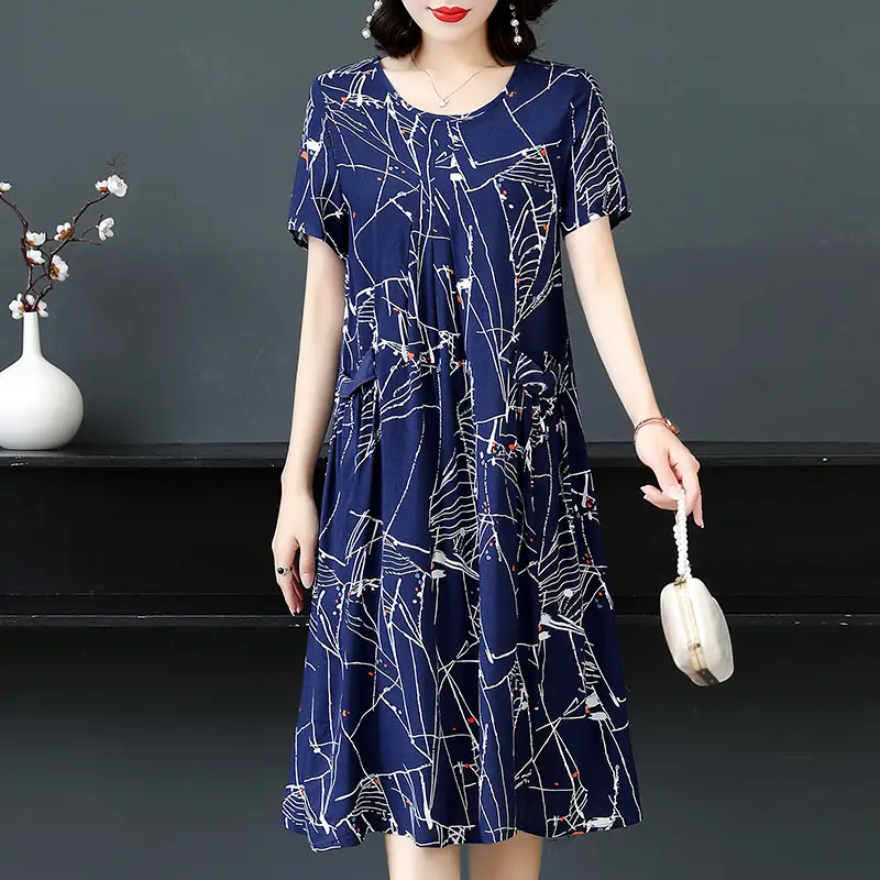Plus Size Floral Cotton Silk Mid Length Dress 150kg
