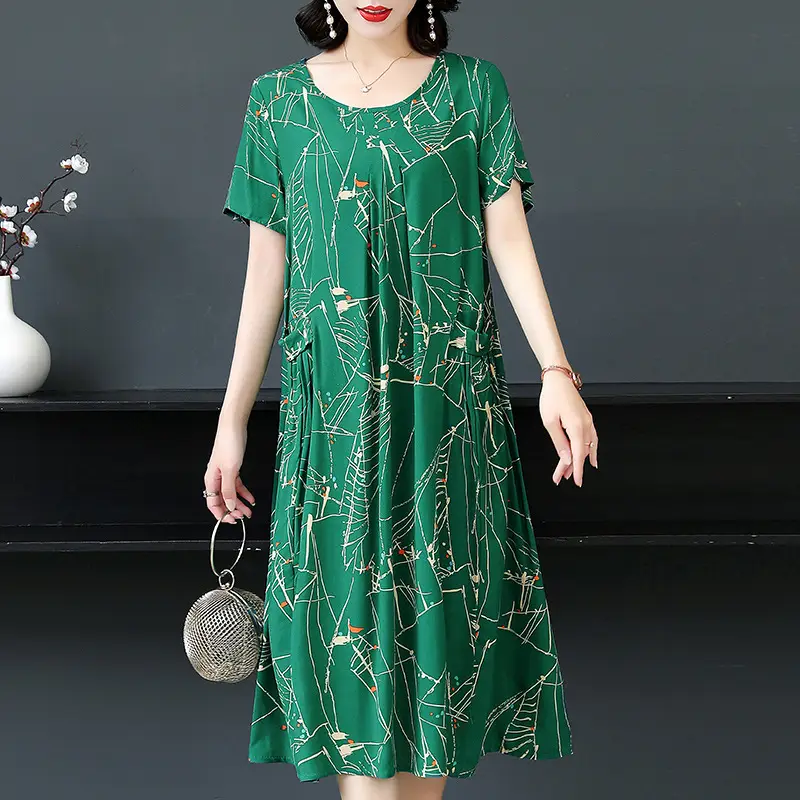 Plus Size Floral Cotton Silk Mid Length Dress 150kg