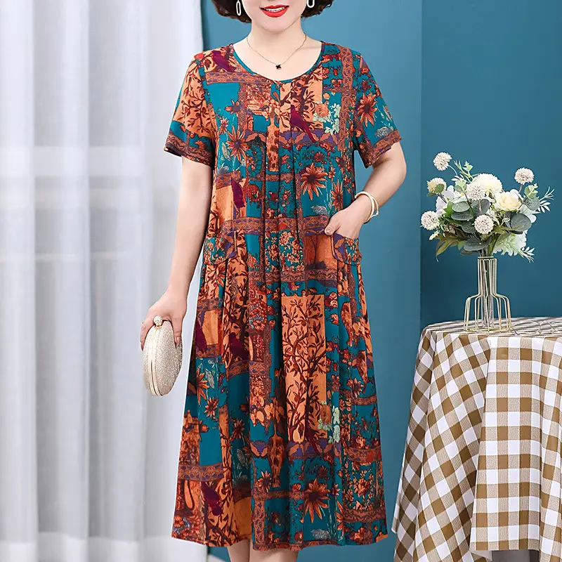Plus Size Floral Cotton Silk Mid Length Dress 150kg