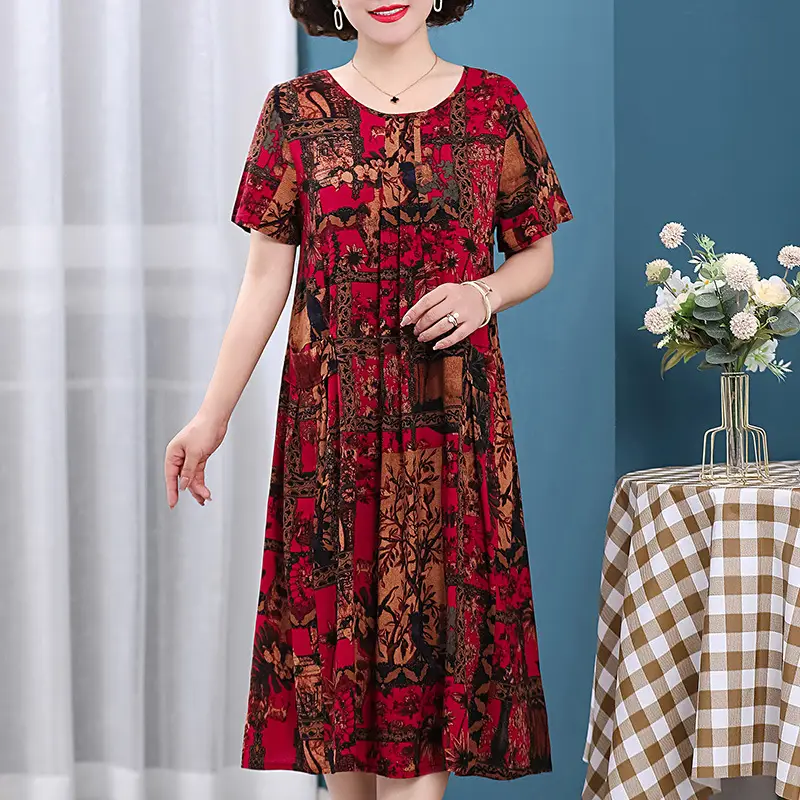 Plus Size Floral Cotton Silk Mid Length Dress 150kg