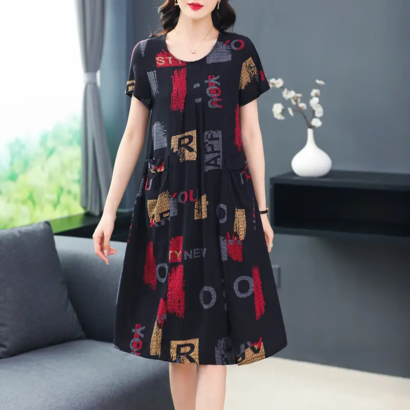 Plus Size Floral Cotton Silk Mid Length Dress 150kg