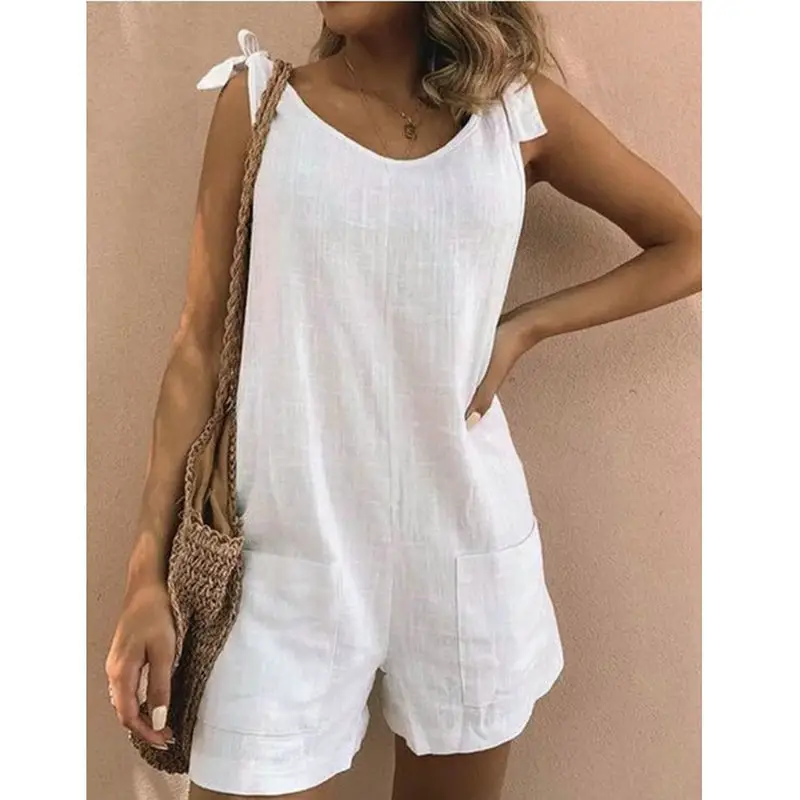 2022 Summer Cotton Linen Patch Pocket Jumpsuit Shorts - Image 6