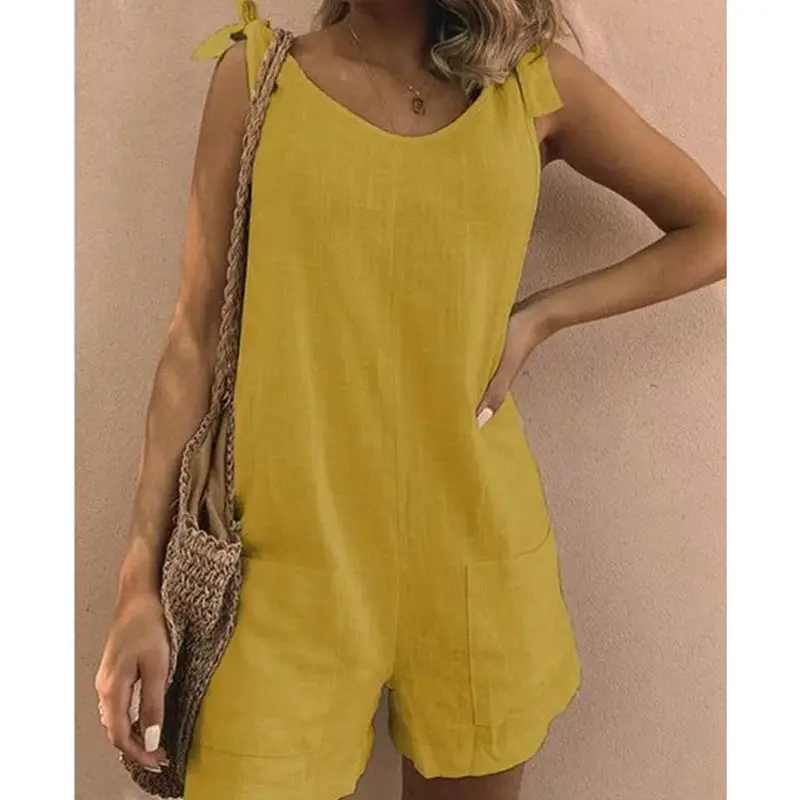 2022 Summer Cotton Linen Patch Pocket Jumpsuit Shorts - Image 7