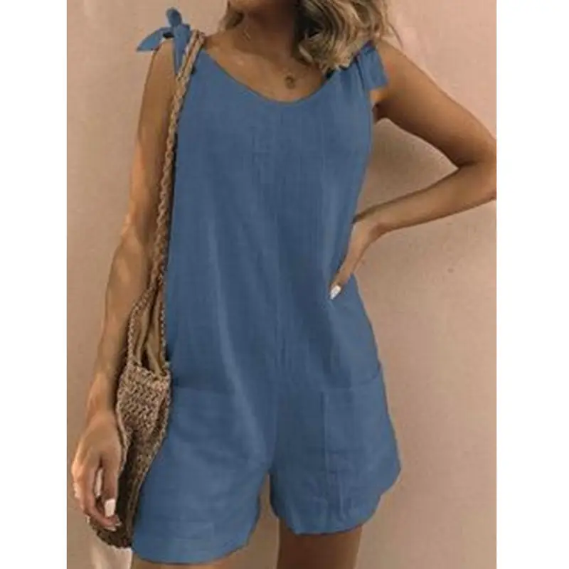 2022 Summer Cotton Linen Patch Pocket Jumpsuit Shorts - Image 8