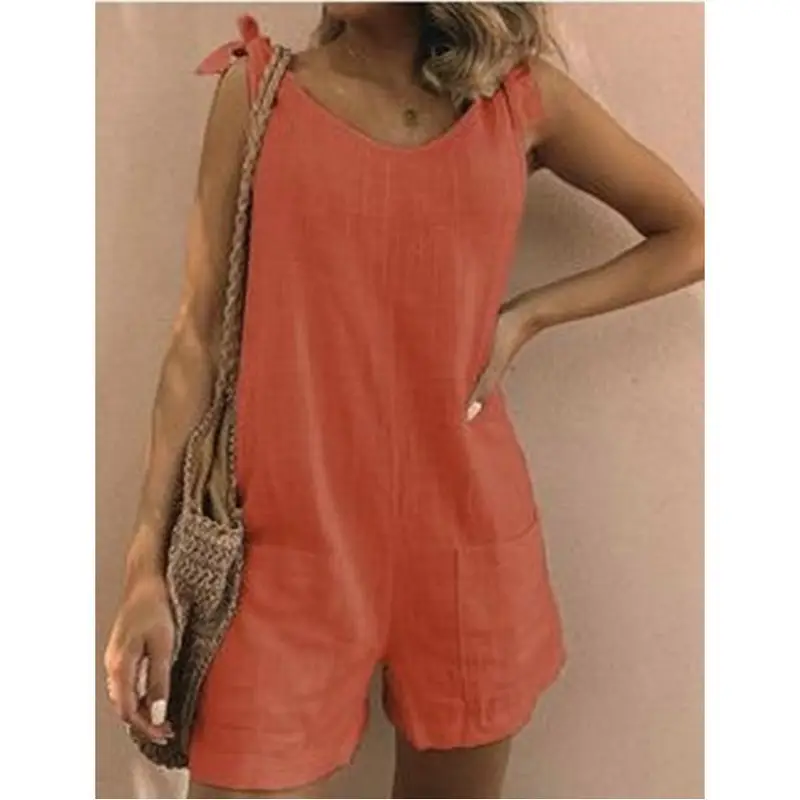 2022 Summer Cotton Linen Patch Pocket Jumpsuit Shorts - Image 9