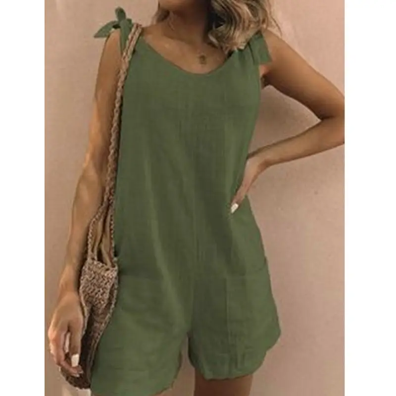 2022 Summer Cotton Linen Patch Pocket Jumpsuit Shorts - Image 10