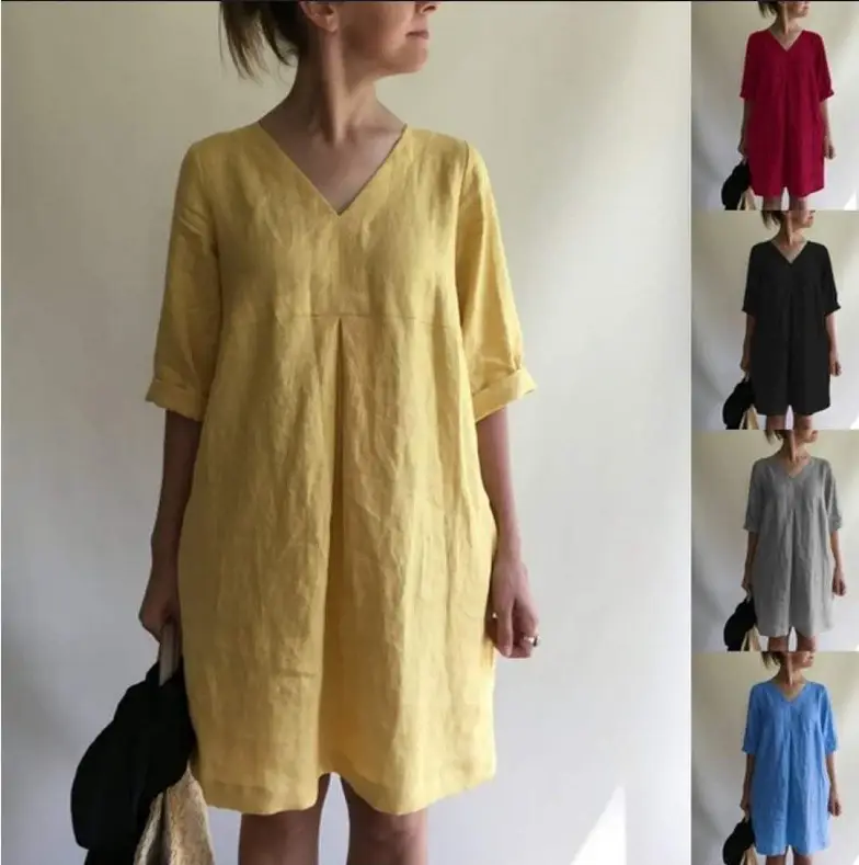 2022 Summer Hot V-Neck Cotton Linen Dress Women