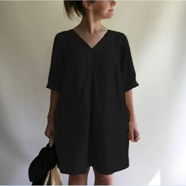 2022 Summer Hot V-Neck Cotton Linen Dress Women