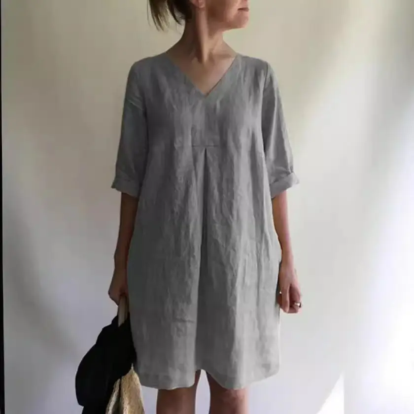 2022 Summer Hot V-Neck Cotton Linen Dress Women