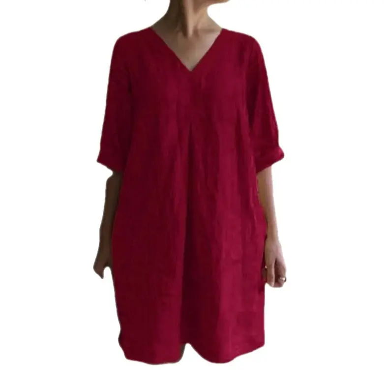 2022 Summer Hot V-Neck Cotton Linen Dress Women