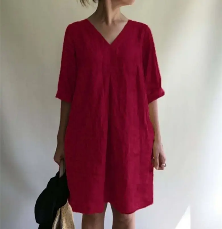 2022 Summer Hot V-Neck Cotton Linen Dress Women