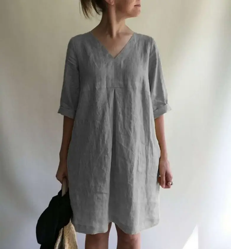 2022 Summer Hot V-Neck Cotton Linen Dress Women