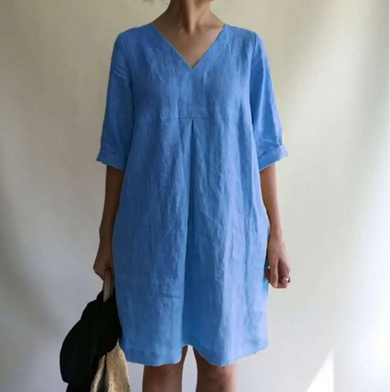 2022 Summer Hot V-Neck Cotton Linen Dress Women