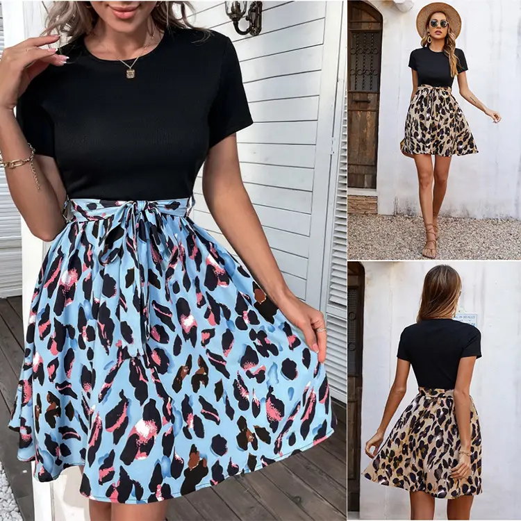 Women Leopard Print Skirt Set with Bow Dress