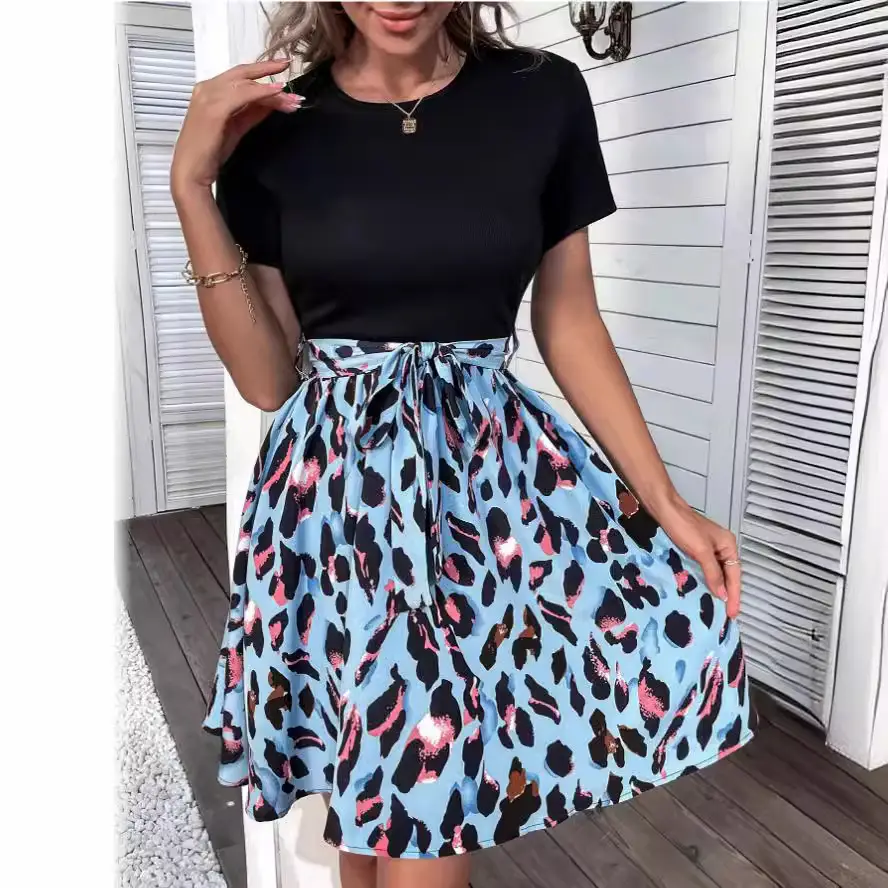 Women Leopard Print Skirt Set with Bow Dress