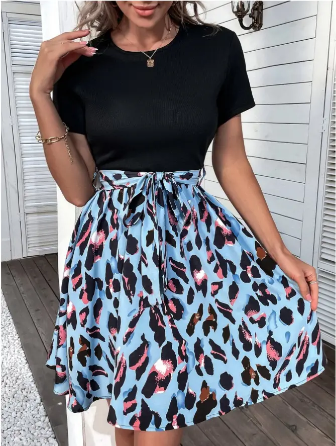 Women Leopard Print Skirt Set with Bow Dress