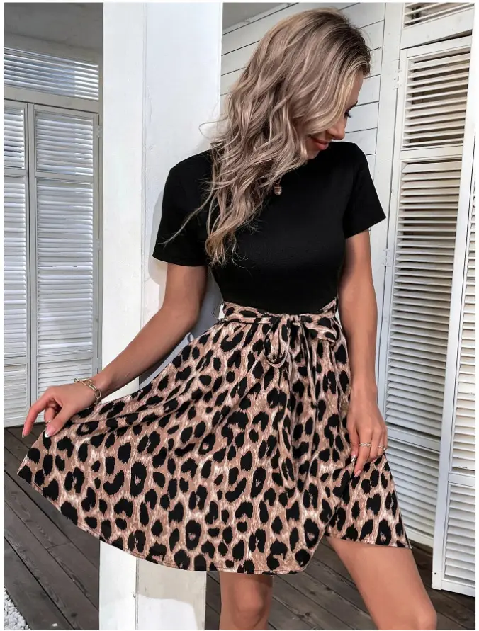 Women Leopard Print Skirt Set with Bow Dress